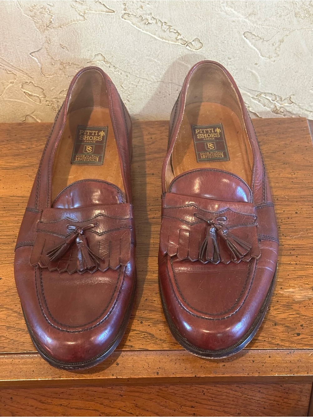 Pitti Shoes Firenze Men’s Burgundy Leather Tassel Fringe Loafers Italy Sz 10.5M